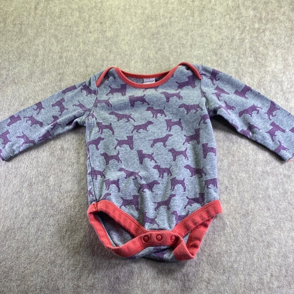 Baby Boden Gray and Purple Dog Print Long Sleeve Bodysuit Size 3-6 Months
